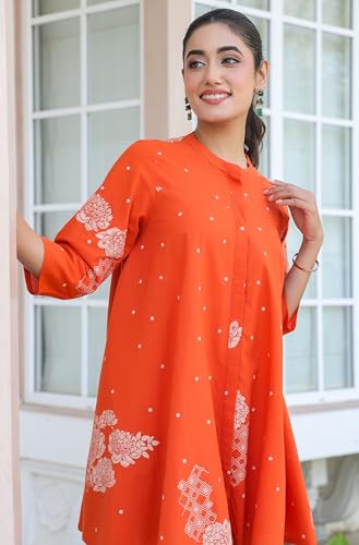 Image of Janasya Women's Orange Pure Cotton Floral Printed Flared Tunic