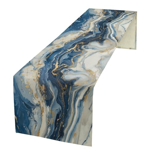 Marble Table Runner, Modern Luxury Foil Texture Blue White Gold Marble Printed Linen Table Runners for Kitchen Living Room Farmhouse Dining Room Party Home Decor 13" W x 36" L