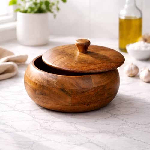 Image of Acacia Wood Roti & Casserole Box (Size: 9 Inch Diameter) | Food-Grade Wooden Bread Storage Container for Roti, Chapati & Breads