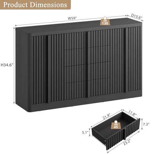 Buffet Cabinet with Storage, 60" Fluted Coffee Bar with 4 Drawers & 2 Doors, Modern Sideboard Buffet with Solid Wood Handle, Credenza Storage Cabinet for Living Room Kitchen Hallway, Black(1PCS) - Image 4