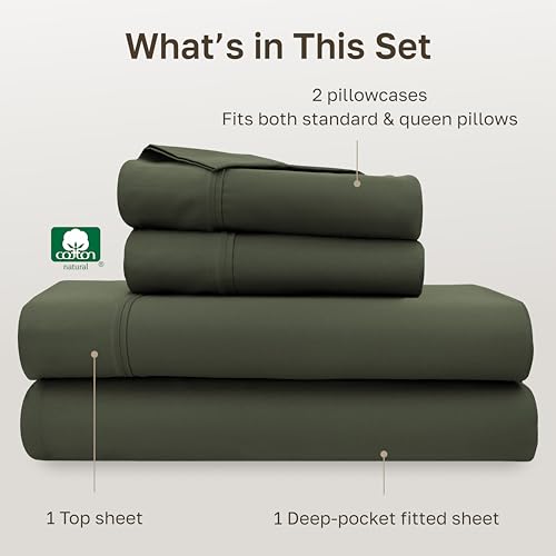 Image of Natural 100% Cotton Sheets Queen Size Bed Set - Soft 400 Thread Count, Sateen Bedsheets Queen Size Bed, Deep Pockets, All Around Elastic, Snug Fit, Durable Bedding - Forest Green