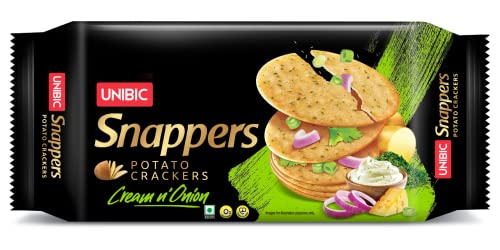 Image of UNIBIC Snappers, Assorted Pack | Potato Crackers | Cream n Onion, Indi Spice, Achari Mango | (Pack of 3), 900g | Potato Biscuits