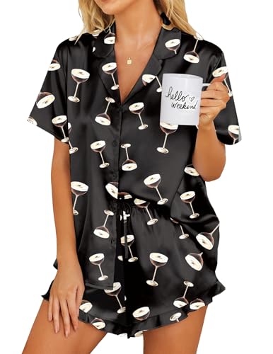 Image of Ekouaer Womens Satin Pajamas Set Button Down 2 Piece Silk Pjs Shorts Set Ruffle Lingerie Notch Collar Sleepwear