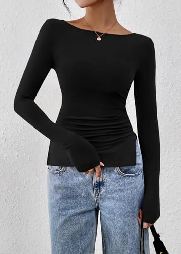 KIRUNDO Long Sleeve Shirts for Women 2025 Fall Casual Boat Neck Knit Workout Going Out Tops Fitted Side Slit Basic Tees4