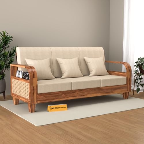 Image of Sheesham Wooden 3 Seater Sofa for Living Room | Solid Wood Sofa with Rattan Cane Side Rack | Rosewood Sofa Set for Home & Office | Lounge (Honey, 3 Seater)
