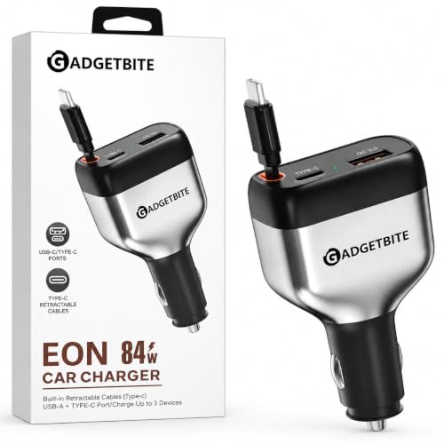 Image of GadgetBite EON 84W Fast Car Charger with Dual Type-C PD 30W & 33W, USB-A 18W Output, Multi-Port Charger with Built-in Cable 0.85m, Universal Compatibility for Smartphones, Tablets & iOS (Grey)
