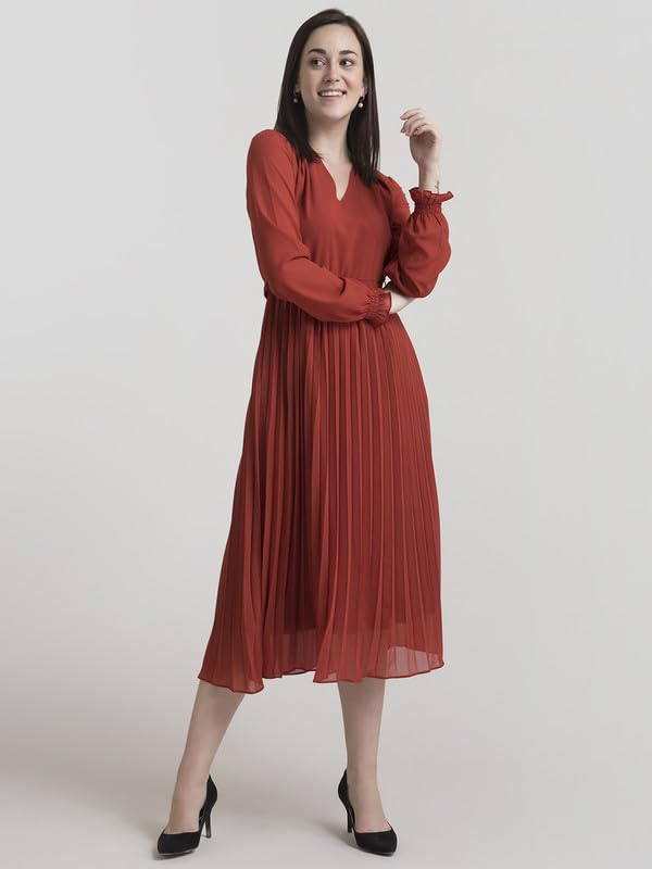 Image of FableStreet Women's Polyester Peter Pan Collar Pleated A Line Midi Dress |Women Formal Dress Smooth Fabric with Belted Waist & Front Slit for Office & Business Events