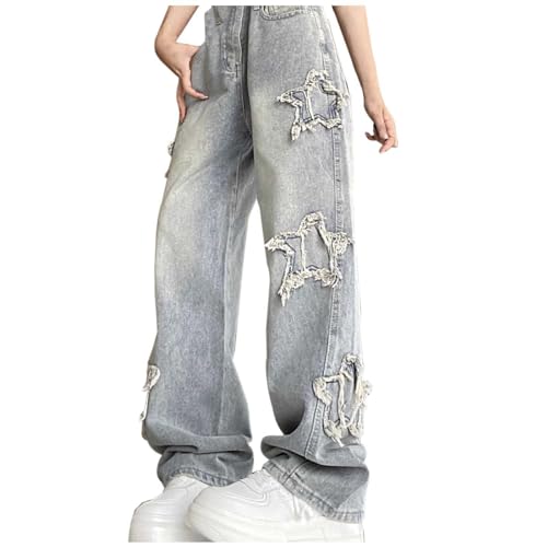 Womens Baggy Jeans Trendy Y2K Star Embroidered Boyfriend Denim Pants High Waisted Wide Leg Trousers with Pockets