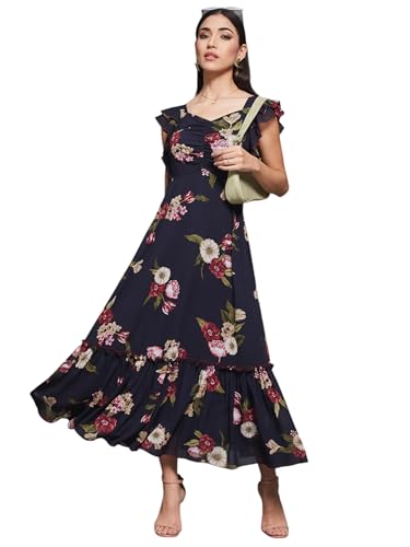 Image of Miss Chase Women's Round Neck Sleeveless Polyester Ruffled Knee- Length Dress