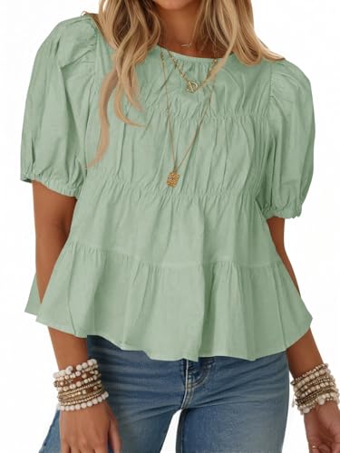 Image of Tankaneo Womens Puff Sleeve Peplum Babydoll Tops Summer Flowy Pleated Cotton T-Shirts Casual Loose Fit Cute Blouse