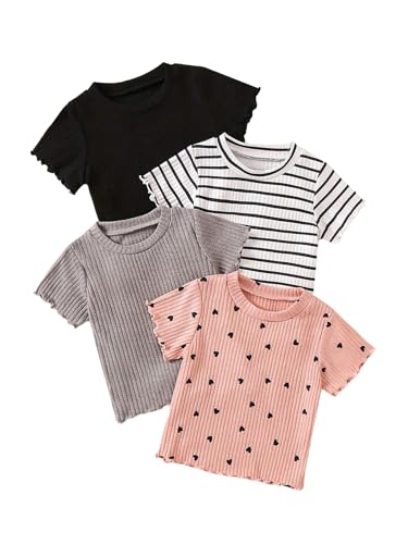 OYOANGLE Toddler Girl's 4 Pack Ribbed Knit Short Sleeve T Shirts Striped Tee Cute Heart Print Tee Tops