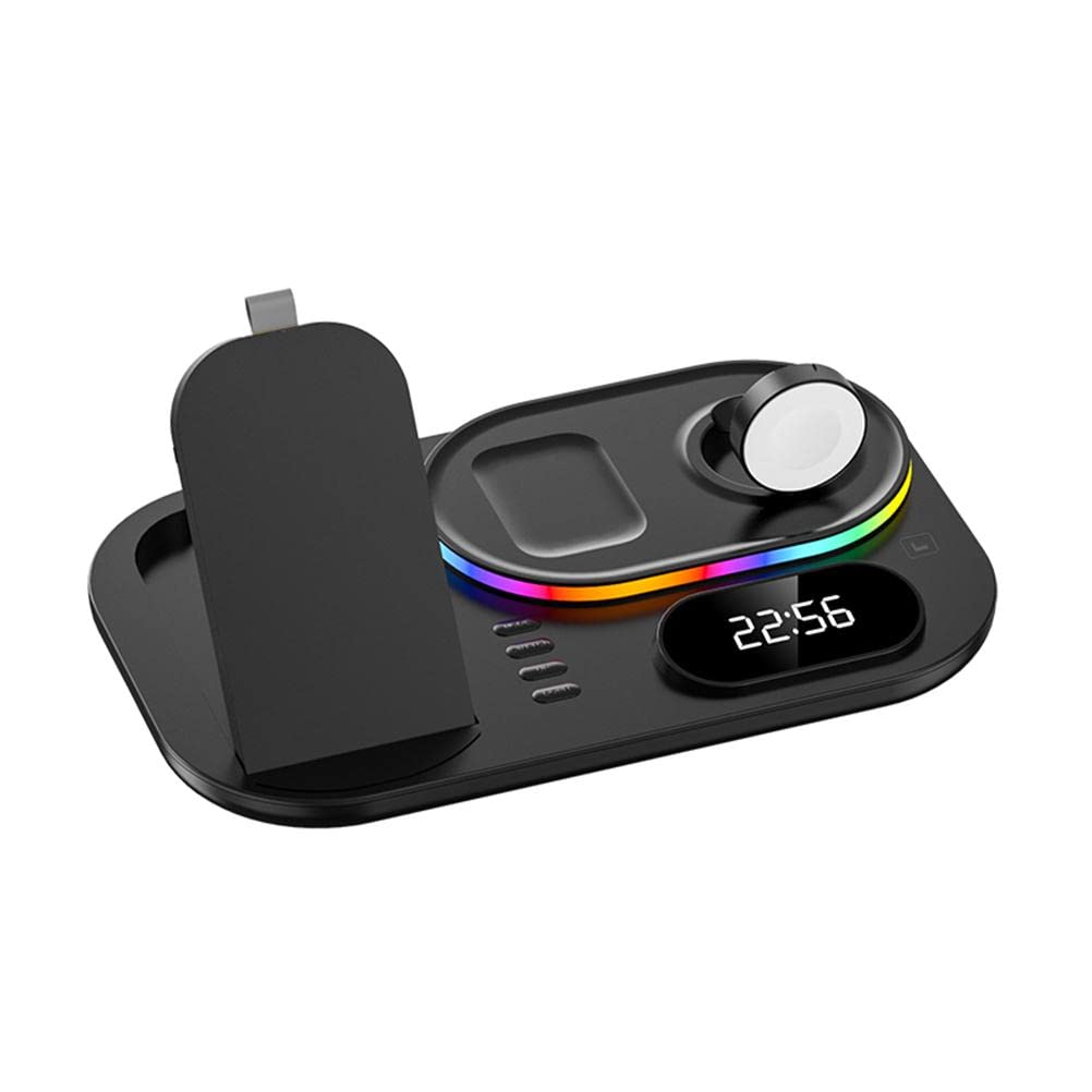 XUMIUZIY Station de Charge sans Fil 4 en 1, Chargeur sans Fil Rapide 30 W avec Lumière LED et Horloge, Support de Chargeur Pliable Standard pour (Noir (lumière colorée) avec Un Beau Ruban)