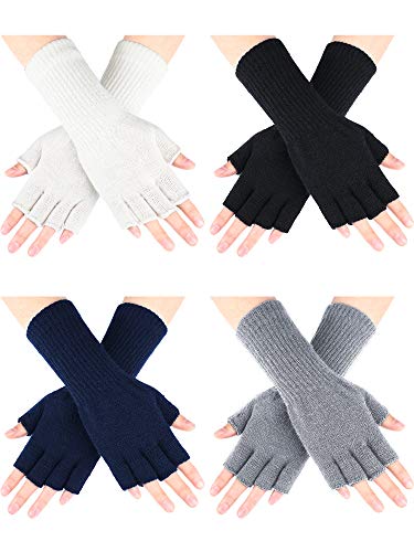 SATINIOR 4 Pairs Kids Long Half Fingerless Gloves Knitted Arm Winter Half Finger Mittens for Kids