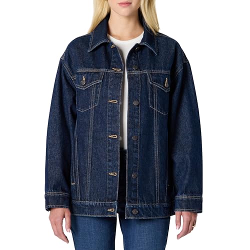 Amazon Essentials Women's Rigid Denim Oversized-Fit Trucker Jacket, Dark Midnight Wash, Small