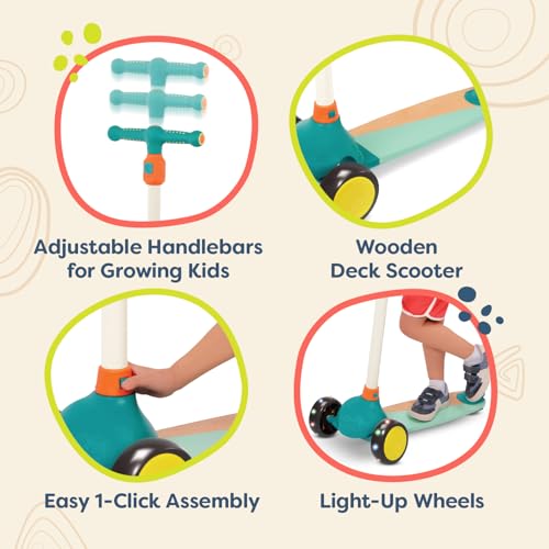 B. Toys Wooden Kids Scooter Adjustable Height & Light-Up Wheels 3-Wheel Scooter Solid Wooden Deck 3 Years +