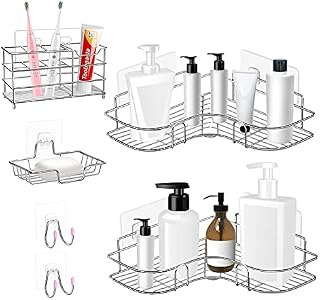 CGBE Corner Shower Caddy & Soap Dish Holder & Electric Toothbrush Holder & Adhesive Hooks No Drilling Shower Shelf Corner Shower Organizer Wall Mounted for Kitchen Toilet (6 Packs)