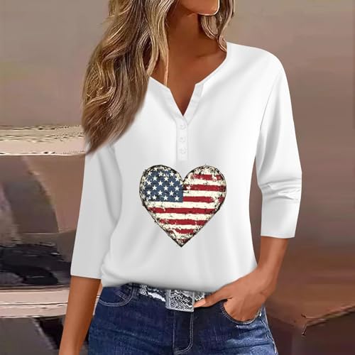 Image of 4th of July Shirts Women 3 /4 Length Sleeve Womens Tops Henley Neck Casual Patriotic T Shirts