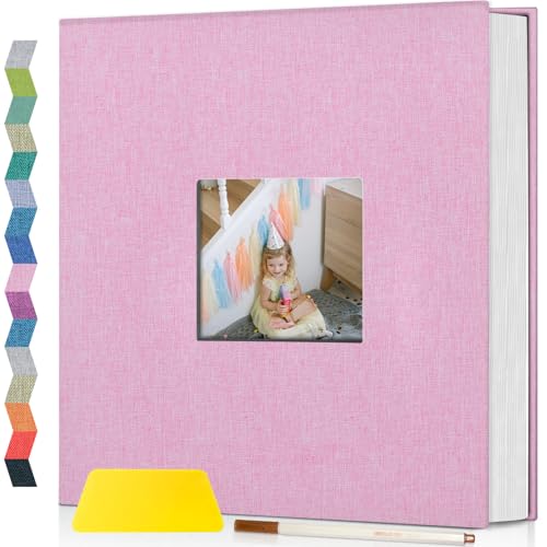 Image of Popotop Photo Album Self Adhesive with Picture Display Window,40 Pages DIY Scrapbooking Supplies Kit for 4x6 8x10 Picture,Linen Cover Memory Book for Baby Wedding, with Scraper and Metallic Pen