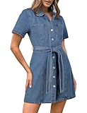 Fengbay Denim Dresses for Women UK, Ladies Short Sleeve Button Down Casual Denim Shirt Dresses with Pocket Light Blue