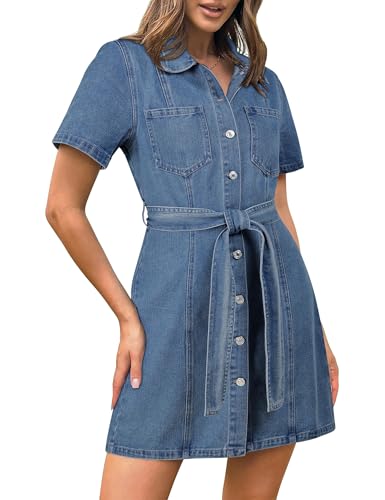 Fengbay Denim Dresses for Women UK, Ladies Short Sleeve Button Down Casual Denim Shirt Dresses with Pocket Light Blue