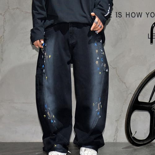 Men’S Hip Hop Hand-Painted Splash Baggy Straight Pants Button Fly Midweight Distressed Skateboard Full Length Jeans4