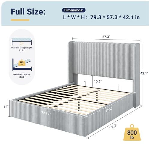 Image of Allewie Full Lift-Up Storage Bed Frame, Corduroy Wingback Headboard, Grey