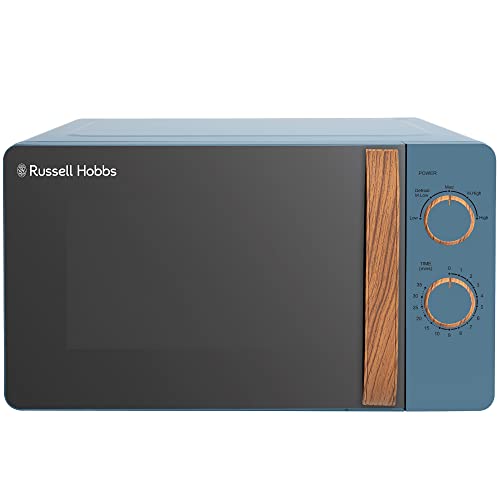 Russell Hobbs RHMM713BL 17 L 700 W Scandi Compact Blue Manual Microwave with 5 Power Levels Wood Effect Handle & Dials Timer Defrost Setting Easy Clean