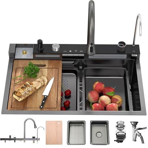 OMGMTSTORE Évier de cuisine cascade 85 x 50 cm - 1 bac en acier inoxydable - Grand évier de cuisine moderne - Noir anthracite - Avec robinet, siphon et trop-plein