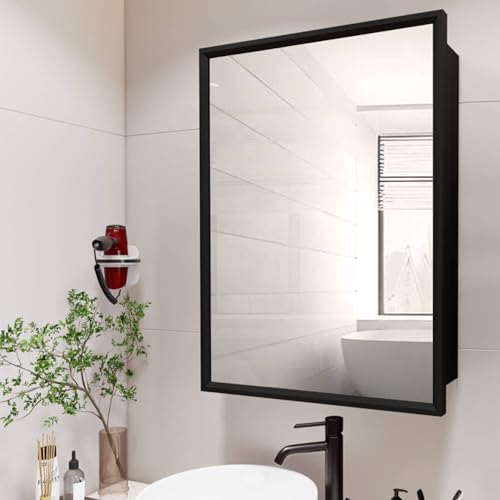 LuxyDecor Recessed Medicine Cabinets with Mirror Modern Wall Mounted Bathroom Mirror Cabinet Solid Wood with Storage 28 x 22 inches (Black)