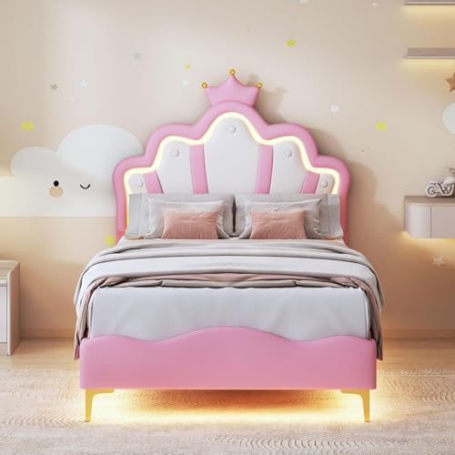 Wsofzmo Cama Tapizada De 90 X 200 Cm, Cama Princesa Con Cabecero Ajustable Y Somier De Láminas, Cama Juvenil De Madera Maciza Y Piel Sintética. Colchón No Incluido Corona Rosa 90x200