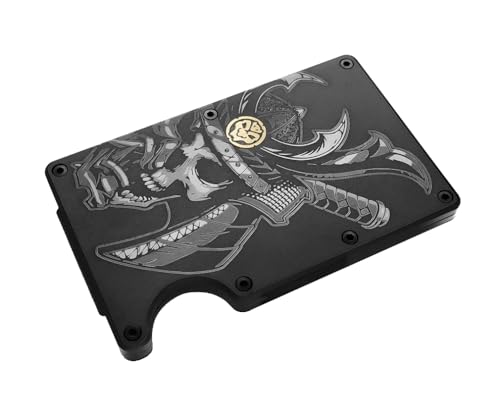 Japanese Samurai Helmet Skull Mask Aluminum Wallet for Men with Brass Inlay and Engraved Finish Metal Money Clip RFID Blocking Credit Card Holder4
