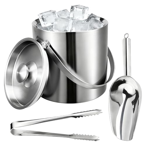 1.6L Double Walled Stainless Steel Ice Bucket with Lid and Tongs Ices Scoop for Home Bar Restaurant BBQ Clubs and Picnics Ice Buckets for Parties