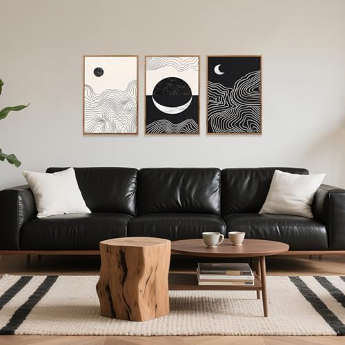 CHDITB Abstract Sun Moon Framed Canvas Art Prints Set(12"x16"), 3 Panels Modern Neutral Black and White Artwork Painting, Large Boho Minimalist Fine Line Wall Art Home Decor for Bedroom Living Room - 2