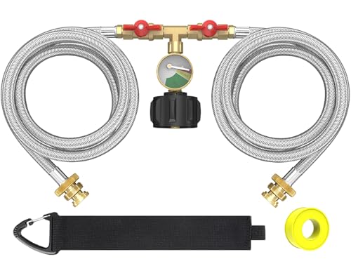 Upgraded 5FT Propane 2 Way Splitter Adapter Hose Stainless Braided Y Splitter Hose 1 lb to 20 lb Converter with Shut Off Valve with Gauge Propane Hose Adapter 1lb LP Appliances to QCC1 5-40lb Tank
