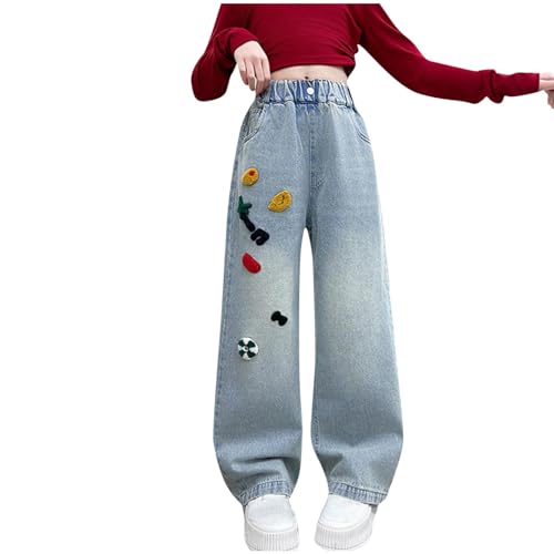 Girls Cute Coconut Tree Graphic Jeans Wide Leg Loose Elastic Waist Comfy Summer Kids Denim Pants for 5-15 Years