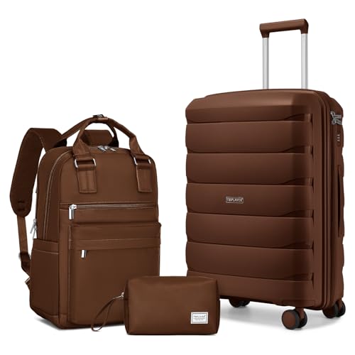 Image of Carry On Luggage 22x14x9 Airline Approved, 22 Inch PP Hardshell Luggage Carry-on Suitcase with Spinner Wheels, Carry On Suitcase Set for Women(Mocha