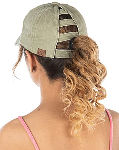 Funky Junque Ladder Back Hat Womens Baseball Cap Distressed Ponytail - Olive #TOP2