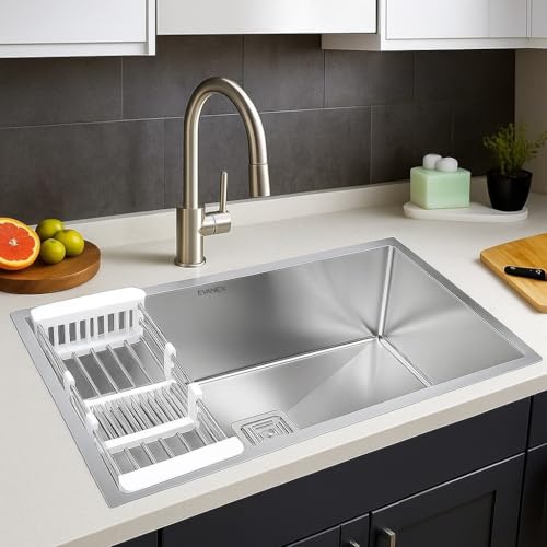 Image of EVANEX Handmade Single Bowl Kitchen Sink - 30x20x10 inches|304 Stainless Steel Sink with Matte Finish| Kitchen Sink Including Coupling, Waste Pipe & Vegetable Washing Basket|Sink for Kitchen Basin