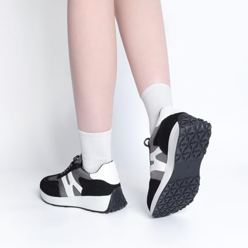 Wide Toe Box Shoes Women Wide Fashion Sneakers Comfortable Casual Walking Non-Slip Memory Foam Tennis Shoes Genuine Suede Sneakers Black - Image 7
