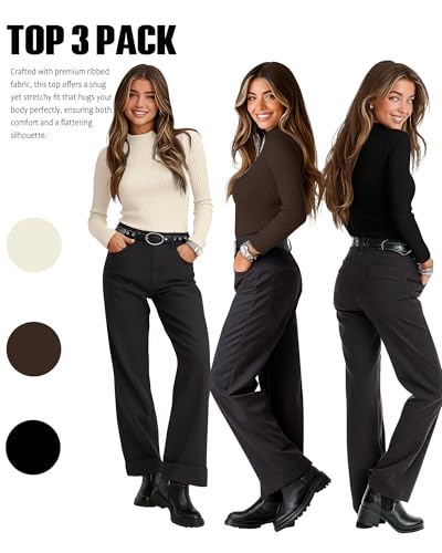 Riyiper 3 Pack Women's Ribbed Shirts, Mock Turtleneck Long Sleeve Tops Slim Fitted Undershirts Casual Basic Layering Tees3