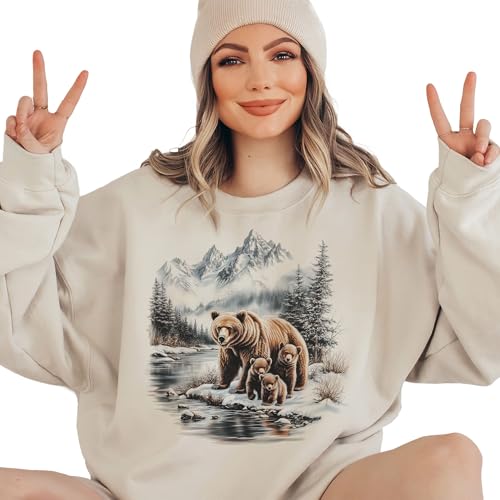 Vintage Mama Grizzly Bear & Cubs Wilderness Scene Sweatshirt - 90s Retro Brown Bear Wildlife Sweatshirt - Scenic Winter Mountain Nature Sweater - Unisex Graphic Crewneck Sweatshirt4