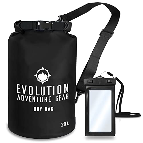 EVOLUTION Floating Waterproof Dry Bag – Professional Adventure Gear – Roll Top Compression Sack for Kayaking, Rafting, Boating, Hiking, Fishing, Camping, Outdoors – Waterproof Phone Case – 20L Black