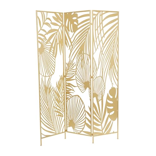 Deco 79 Metal Partition Screen - Foldable Room Divider with Palm Leaf Cutout, 3 Panel Privacy Screen, 48' x 1' x 71', Gold