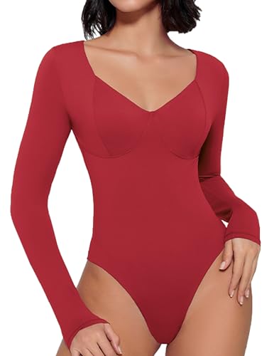 Image of Avidlove Bodysuit for Women Long Sleeve Double Lined Tank Top V Neck Bodysuit Tummy Control Shapewear