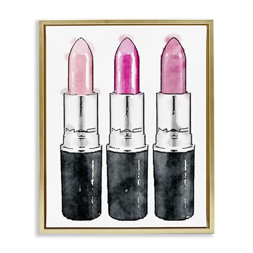 Image of Stupell Industries 'Three Pink Lipsticks', Floating Frame Canvas Art, Gold, 17 x 21 Inches, Easy to Hang and Sturdy, Made in USA, by Amanda Greenwood