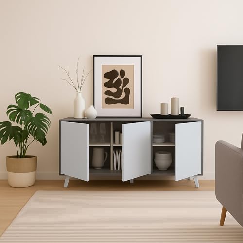 Dmora - Credenza Weddell, Buffet da Soggiorno, Madia da Salotto, Dispensa da Cucina, 154x40h72 cm, Grigio Chiaro e Bianco
