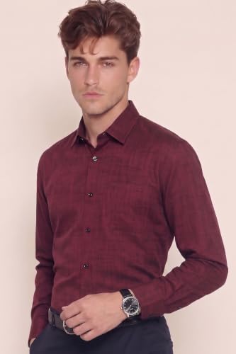Image of Peter England Men's Slim Fit Full Sleeve Formal Textured Solid Shirt | Festive Duo-Tone Colour | 100% Cotton