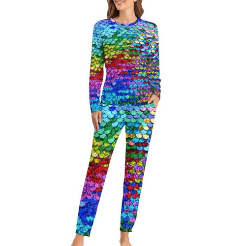 Pyjama femme paillettes arc-en-ciel avec t-shirt manches longues et pantalon