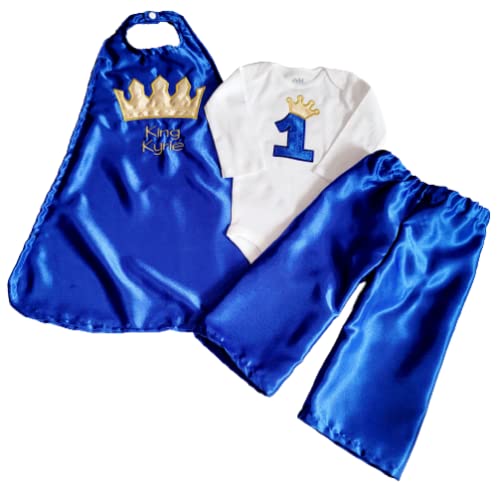 1st 2nd Birthday Prince King ROYAL BLUE & GOLD crown onesie cape Crown Pants 6 months to 24 months
