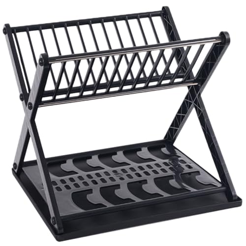KOCKSHION 小型キッチン用 二段式食器水切りラック 多機能食器乾燥トレー付き 耐水設計で 清潔簡単手入れ ブラックデスクトップ用